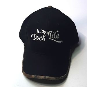 Duck Life white embroidered black hat with camo brim and detailing Unisex adjust